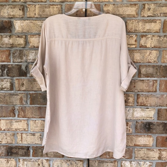 Ellen Tracy 100% Linen 1/4 Zipper Cuffed Short Sleeve Light Tan Tunic Top L - Picture 9 of 15